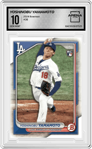 Yoshinobu Yamamoto from the 2024 Bowman set graded by Arena Club and given an overall grade of 10.