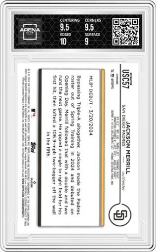 Jackson Merrill from the 2024 Topps Chrome Update set featuring a Refractor parallel graded by Arena Club and given an overall grade of 9.5.