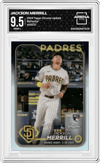 Jackson Merrill from the 2024 Topps Chrome Update set featuring a Refractor parallel graded by Arena Club and given an overall grade of 9.5.