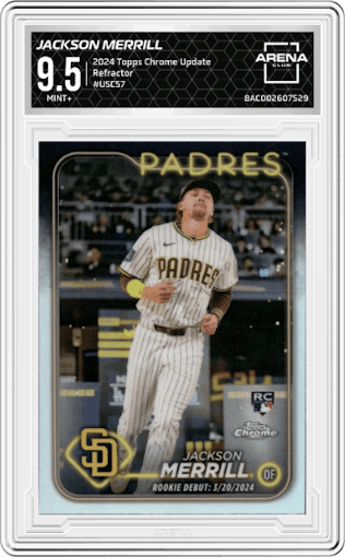 Jackson Merrill from the 2024 Topps Chrome Update set featuring a Refractor parallel graded by Arena Club and given an overall grade of 9.5.