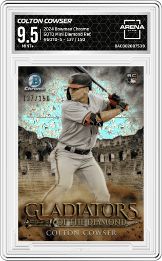 Colton Cowser from the 2024 Bowman Chrome set featuring a Mini Diamond Refractor parallel graded by Arena Club and given an overall grade of 9.5.
