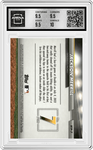 Jackson Merrill  from the 2024 Bowman set graded by Arena Club and given an overall grade of 10.