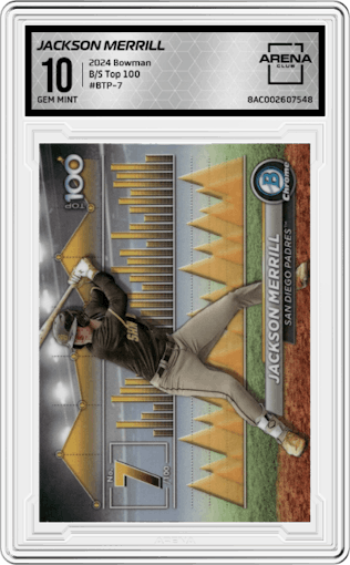 Jackson Merrill  from the 2024 Bowman set graded by Arena Club and given an overall grade of 10.