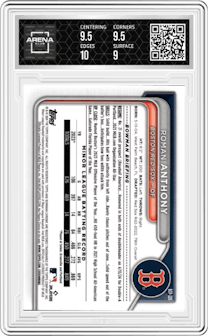 Roman Anthony from the 2024 Bowman Chrome Sapphire set graded by Arena Club and given an overall grade of 9.5.