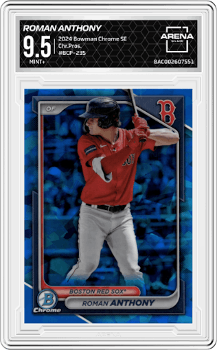 Roman Anthony from the 2024 Bowman Chrome Sapphire set graded by Arena Club and given an overall grade of 9.5.