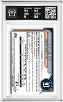 Max Clark from the 2024 Bowman Chrome Sapphire set graded by Arena Club and given an overall grade of 9.5.