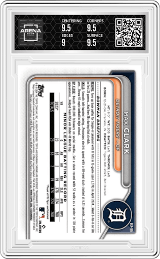 Max Clark from the 2024 Bowman Chrome Sapphire set graded by Arena Club and given an overall grade of 9.5.