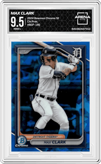 Max Clark from the 2024 Bowman Chrome Sapphire set graded by Arena Club and given an overall grade of 9.5.