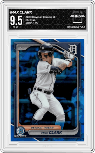 Max Clark from the 2024 Bowman Chrome Sapphire set graded by Arena Club and given an overall grade of 9.5.
