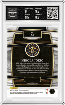 Nikola Jokic from the 2021-22 Panini Select set featuring a Silver Prizm parallel graded by Arena Club and given an overall grade of 9.