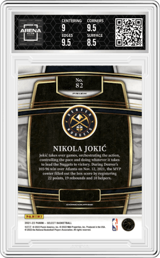 Nikola Jokic from the 2021-22 Panini Select set featuring a Silver Prizm parallel graded by Arena Club and given an overall grade of 9.