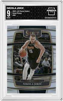 Nikola Jokic from the 2021-22 Panini Select set featuring a Silver Prizm parallel graded by Arena Club and given an overall grade of 9.