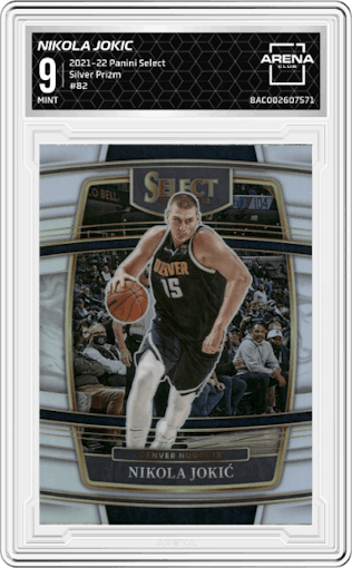 Nikola Jokic from the 2021-22 Panini Select set featuring a Silver Prizm parallel graded by Arena Club and given an overall grade of 9.