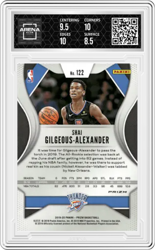 Shai Gilgeous-Alexander from the 2019-20 Panini Prizm set featuring a Silver Prizm parallel graded by Arena Club and given an overall grade of 9.