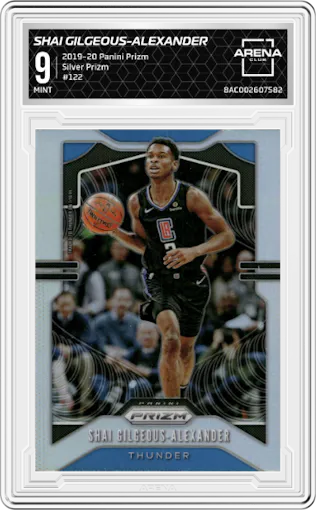 Shai Gilgeous-Alexander from the 2019-20 Panini Prizm set featuring a Silver Prizm parallel graded by Arena Club and given an overall grade of 9.