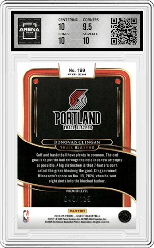 Donovan Clingan from the 2024-25 Panini Select set featuring a Green Camo parallel graded by Arena Club and given an overall grade of 10.
