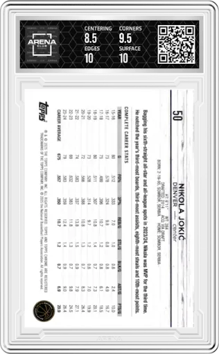 Nikola Jokic from the 2024-25 Topps Chrome set featuring a Prism Refractor parallel graded by Arena Club and given an overall grade of 9.
