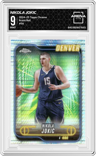 Nikola Jokic from the 2024-25 Topps Chrome set featuring a Prism Refractor parallel graded by Arena Club and given an overall grade of 9.