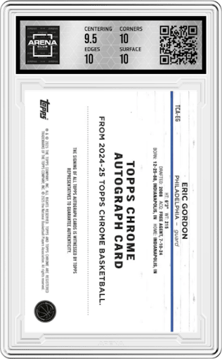 Eric Gordon from the 2024-25 Topps Chrome set featuring a Gold Geometric Refractor parallel graded by Arena Club and given an overall grade of 10.