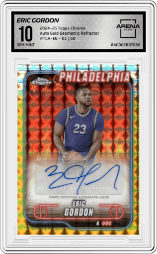 Eric Gordon from the 2024-25 Topps Chrome set featuring a Gold Geometric Refractor parallel graded by Arena Club and given an overall grade of 10.