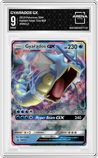 Gyarados GX  from the 2019 Pokemon S&M  set featuring a Hidden Fates Tins parallel graded by Arena Club and given an overall grade of 9.