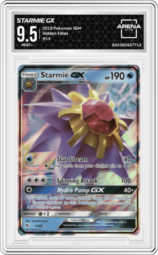 Starmie Gx from the 2019 Pokemon S&M  set graded by Arena Club and given an overall grade of 9.5.