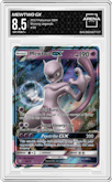 Mewtwo GX from the 2017 Pokemon S&M set graded by Arena Club and given an overall grade of 8.5.