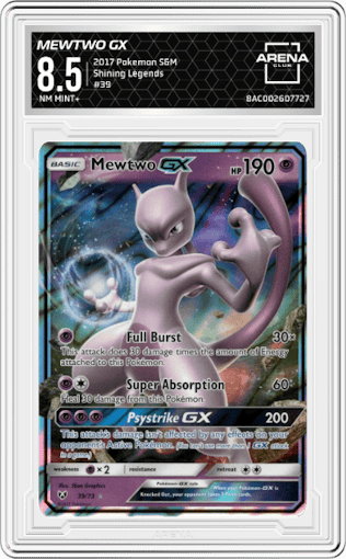 Mewtwo GX from the 2017 Pokemon S&M set graded by Arena Club and given an overall grade of 8.5.