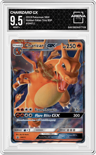 Charizard GX from the 2019 Pokemon S&M  set featuring a Hidden Fates Tins parallel graded by Arena Club and given an overall grade of 9.5.