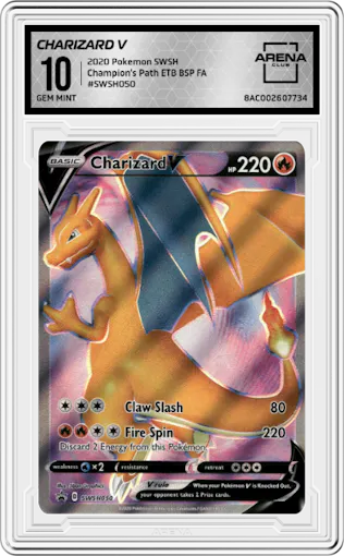 Charizard V from the 2020 Pokemon SWSH set featuring a Champion's Path ETB parallel graded by Arena Club and given an overall grade of 10.