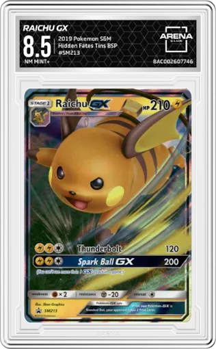 Raichu GX from the 2019 Pokemon S&M  set featuring a Hidden Fates Tins parallel graded by Arena Club and given an overall grade of 8.5.