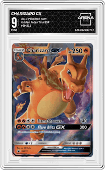 Charizard GX from the 2019 Pokemon S&M  set featuring a Hidden Fates Tins parallel graded by Arena Club and given an overall grade of 9.