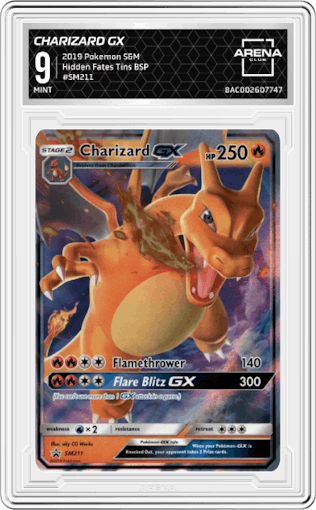 Charizard GX from the 2019 Pokemon S&M  set featuring a Hidden Fates Tins parallel graded by Arena Club and given an overall grade of 9.