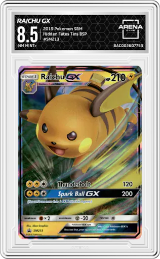 Raichu GX from the 2019 Pokemon S&M  set featuring a Hidden Fates Tins parallel graded by Arena Club and given an overall grade of 8.5.