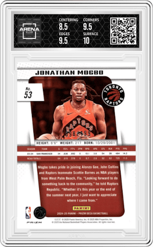 Jonathan Mogbo from the 2024-25 Panini Prizm Deca set featuring a Red Prizm parallel graded by Arena Club and given an overall grade of 9.