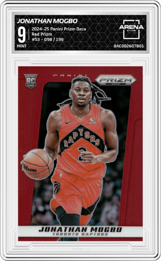 Jonathan Mogbo from the 2024-25 Panini Prizm Deca set featuring a Red Prizm parallel graded by Arena Club and given an overall grade of 9.