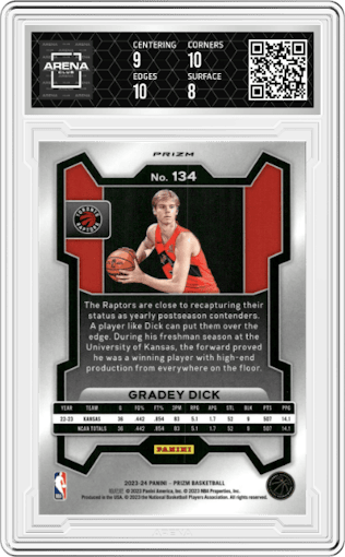 Gradey Dick from the 2023-24 Panini Prizm set featuring a Blue Wave parallel graded by Arena Club and given an overall grade of 8.5.