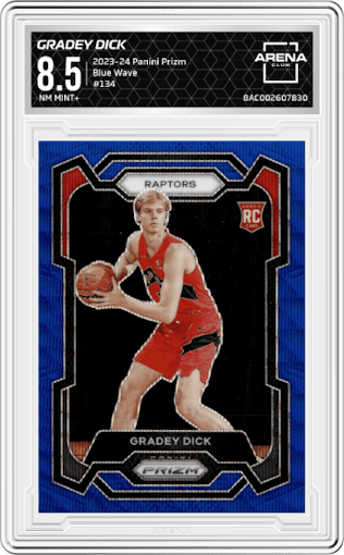 Gradey Dick from the 2023-24 Panini Prizm set featuring a Blue Wave parallel graded by Arena Club and given an overall grade of 8.5.