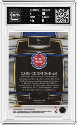 Cade Cunningham from the 2021-22 Panini Select set graded by Arena Club and given an overall grade of 8.5.