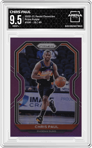 Chris Paul from the 2020-21 Panini Chronicles set featuring a Purple parallel graded by Arena Club and given an overall grade of 9.5.