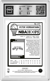 Victor Wembanyama from the 2023-24 Panini NBA Hoops set featuring a Winter parallel graded by Arena Club and given an overall grade of 10.