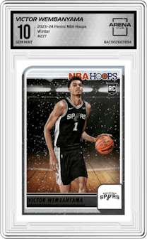 Victor Wembanyama from the 2023-24 Panini NBA Hoops set featuring a Winter parallel graded by Arena Club and given an overall grade of 10.