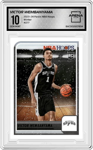 Victor Wembanyama from the 2023-24 Panini NBA Hoops set featuring a Winter parallel graded by Arena Club and given an overall grade of 10.