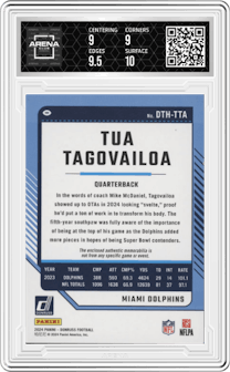 Tua Tagovailoa from the 2024 Donruss set graded by Arena Club and given an overall grade of 9.5.