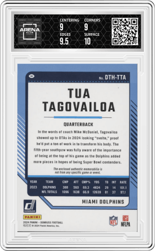 Tua Tagovailoa from the 2024 Donruss set graded by Arena Club and given an overall grade of 9.5.