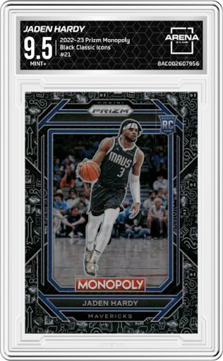 Jaden Hardy from the 2022-23 Panini Prizm Monopoly set featuring a Black Classic Icons parallel graded by Arena Club and given an overall grade of 9.5.
