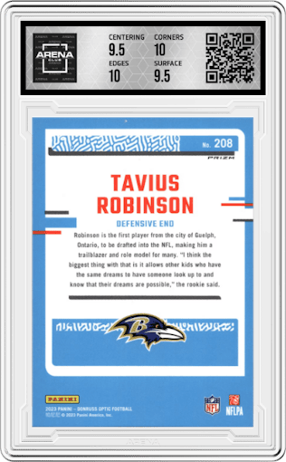 Tavius Robinson from the 2023 Donruss Optic set featuring a Stars parallel graded by Arena Club and given an overall grade of 10.
