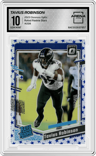 Tavius Robinson from the 2023 Donruss Optic set featuring a Stars parallel graded by Arena Club and given an overall grade of 10.