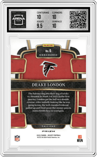Drake London from the 2023 Panini Select set featuring a Purple Prizm parallel graded by Arena Club and given an overall grade of 10.