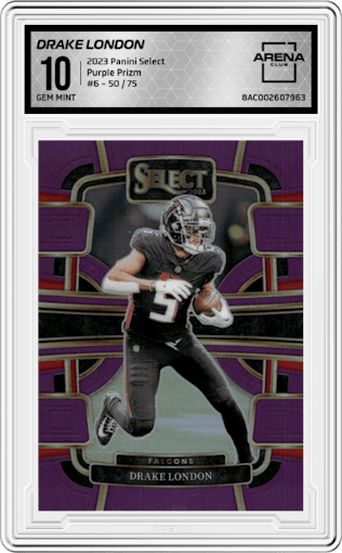Drake London from the 2023 Panini Select set featuring a Purple Prizm parallel graded by Arena Club and given an overall grade of 10.